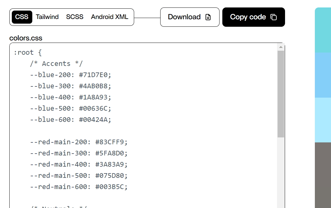 CSS code being exported from PaletteMaker